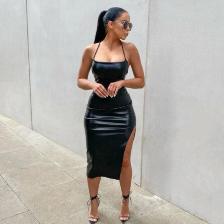 Dominique Back Lace Up Sexy Bodycon Slit Leather Dress – Bild 9