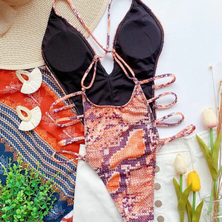 Snake Print V Neck Strappy Swimsuit - Image 30