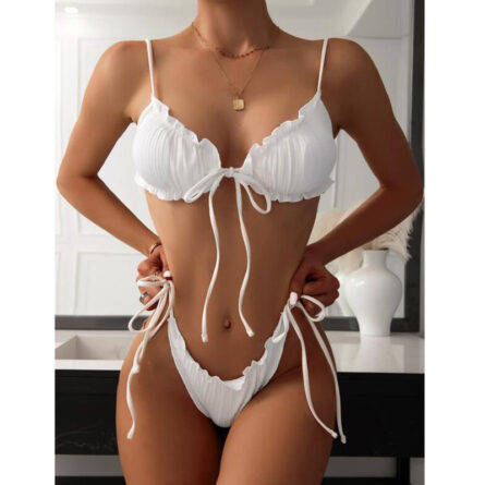 Brazilian Ruffle Ruched Solid Bikini - Image 5