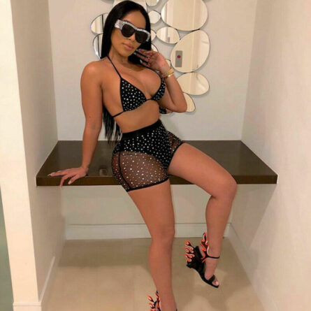 Mesh Rhinestone 2 Piece Set Bikini Top and Shorts – Bild 6