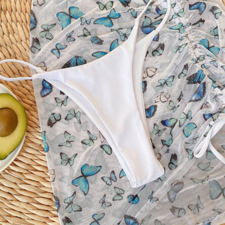 Premium Halter Butterfly Printed Bikini Set With Beach Cover Up Skirt - Image 41