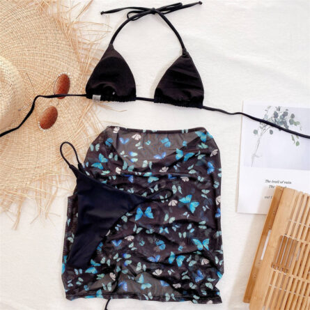 Premium Halter Butterfly Printed Bikini Set With Beach Cover Up Skirt - Image 43