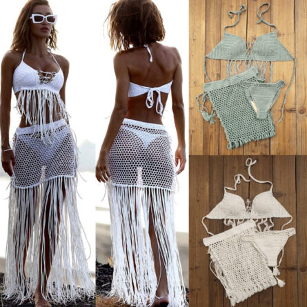 Bohemian Breeze 3-Piece Crochet Bikini Set with Tassel Skirt - Image 3