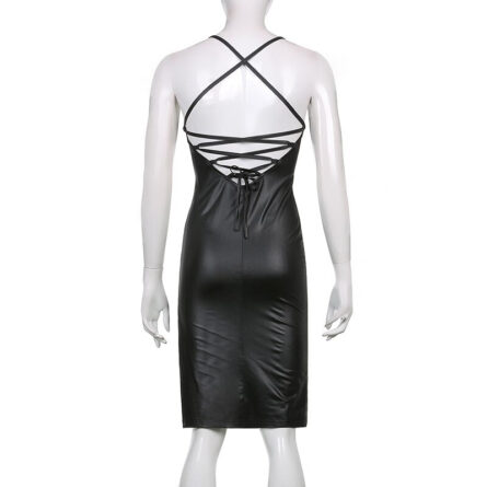 Dominique Back Lace Up Sexy Bodycon Slit Leather Dress – Bild 13