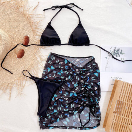 Premium Halter Butterfly Printed Bikini Set With Beach Cover Up Skirt - Image 42