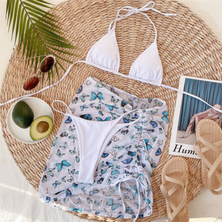 Premium Halter Butterfly Printed Bikini Set With Beach Cover Up Skirt - Image 39