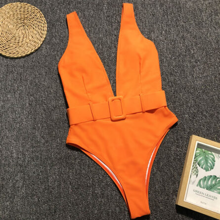 Luminescent Waves Belted Plunge Neon One Piece Swimsuit - Image 30
