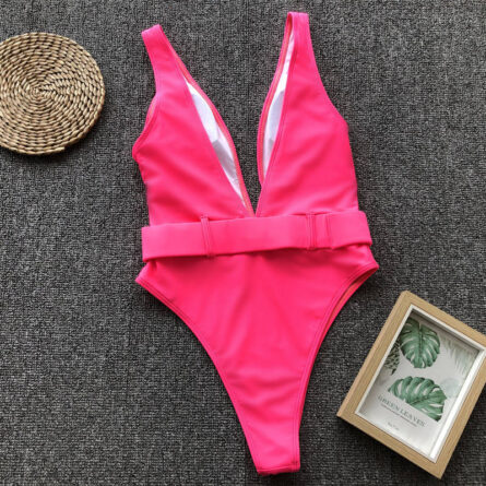 Luminescent Waves Belted Plunge Neon One Piece Swimsuit - Image 28