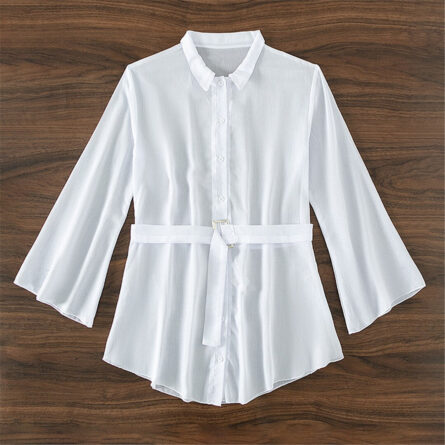 White Long Sleeve Shirt With Belt Bikini Cover Up - Image 7