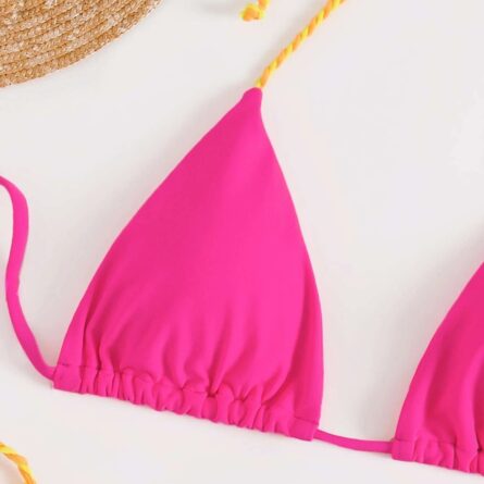 Neon Pink Halter Thong String Tie Side Triangle Bikini - Image 13