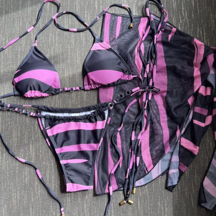 Seaside Stripes Harness Thong Bikini Set with Sarong – Bild 16