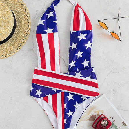 American Flag Deep V Plunge Open Back Swimsuit - Image 2