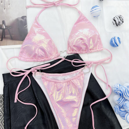 Pink Love Shiny Love Heart Triangle Bikini - Image 13