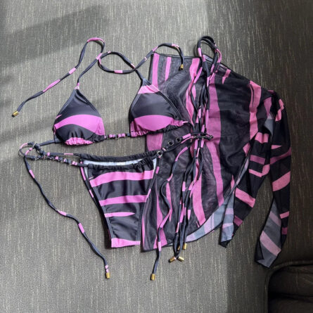 Seaside Stripes Harness Thong Bikini Set with Sarong – Bild 34