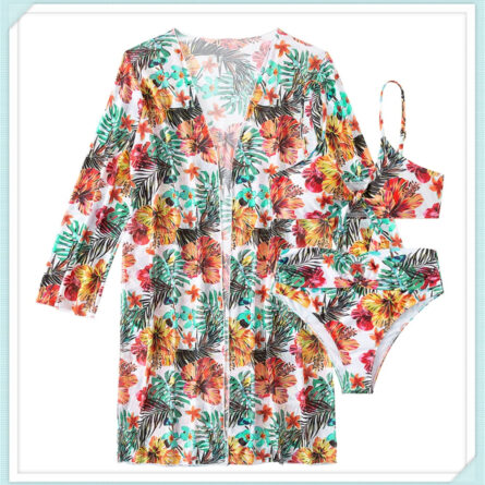 Floral Print Modest Knot Front Bikini including Cover Up Shirt – Bild 27