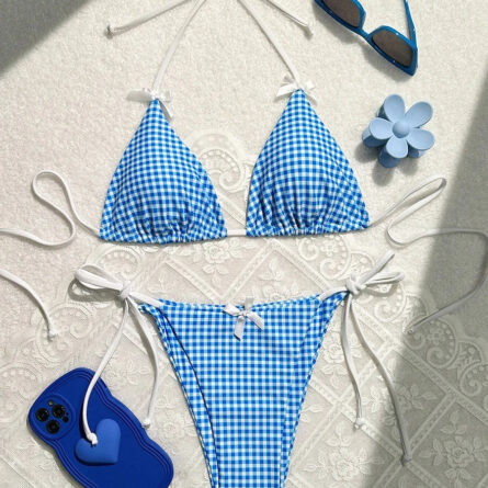 Sunset Charm Plaid Bikini With Bows - Image 27