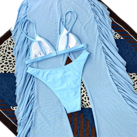 3 Piece Bikini Set with Transparent Mesh Ruffled Beach Cover Up Pants - Image 96