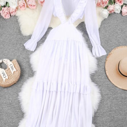 Sardinian Summer White Ruffle Cut Out Waist Maxi Dress - Image 4
