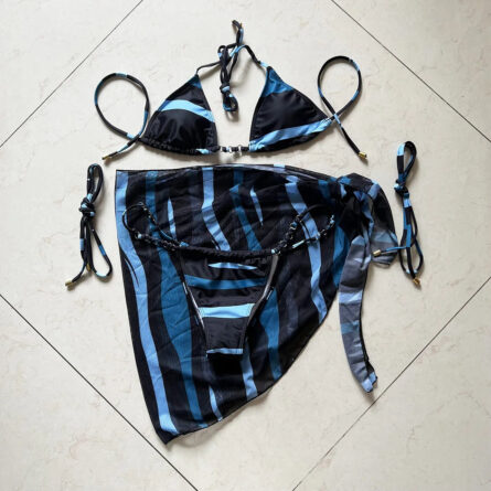 Seaside Stripes Harness Thong Bikini Set with Sarong – Bild 27