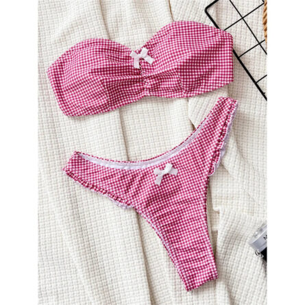 Sweet Summertime Plaid Gingham Bandeau Bow Bikini Set – Bild 4