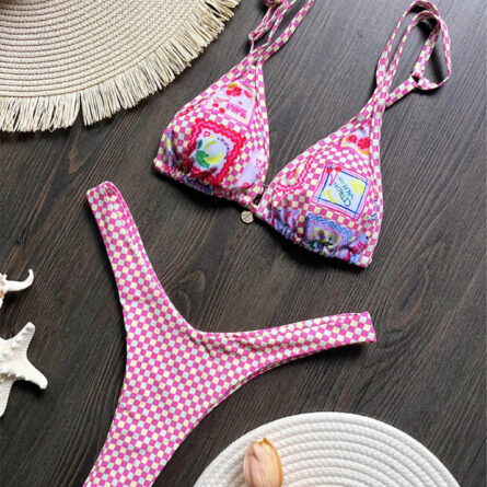 Pink Paradise Plaid Thong Bikini - Image 6