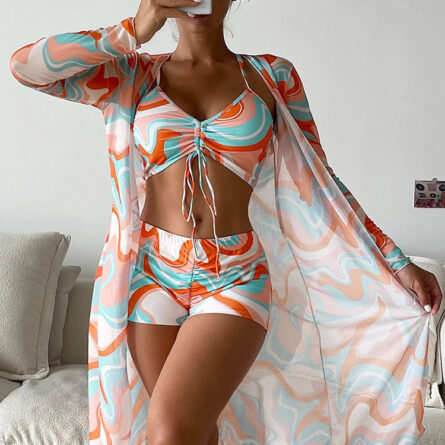 Three Piece Set High Waist Swim Shorts Bikini and Cover Up - Image 14