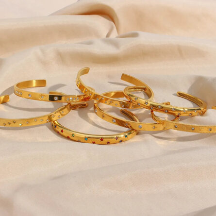 Gold Plated Waterproof Shiny Star & Moon Crystal Cuff Bangles - Image 18