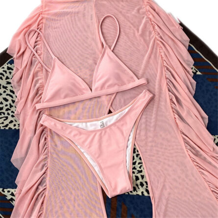 3 Piece Bikini Set with Transparent Mesh Ruffled Beach Cover Up Pants - Image 99