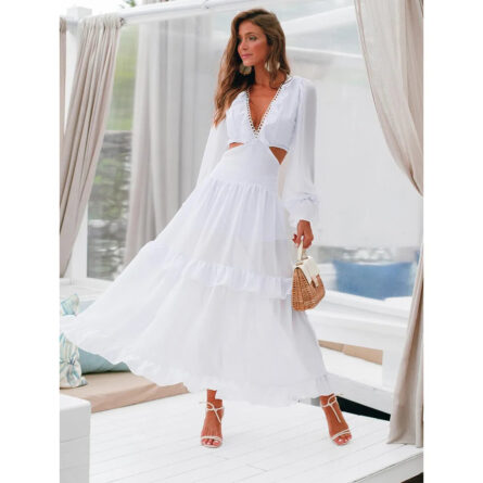 Sardinian Summer White Ruffle Cut Out Waist Maxi Dress - Image 10