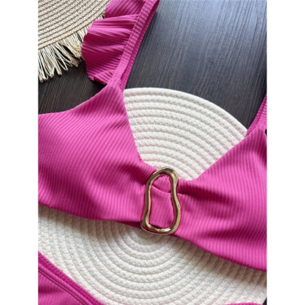 Penelope Pink Ruffled Ribbed High Leg Cut Brazilian Bikini – Bild 4