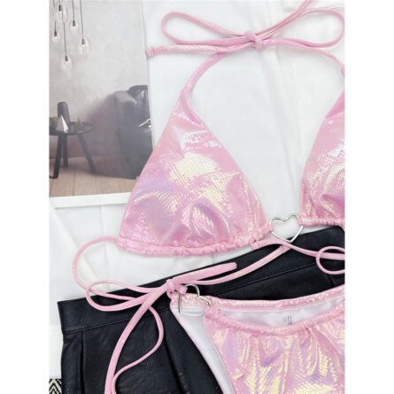 Pink Love Shiny Love Heart Triangle Bikini - Image 11