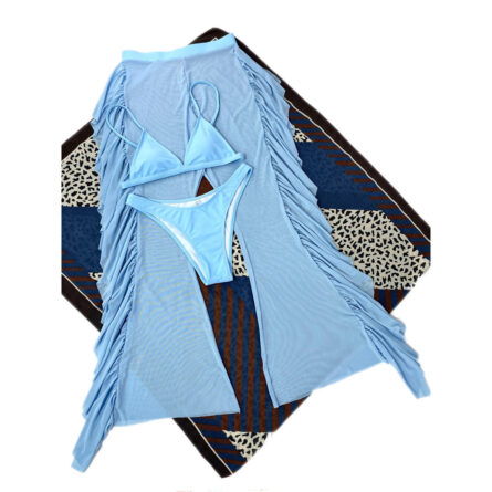 3 Piece Bikini Set with Transparent Mesh Ruffled Beach Cover Up Pants - Image 93