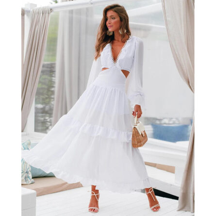 Sardinian Summer White Ruffle Cut Out Waist Maxi Dress - Image 7