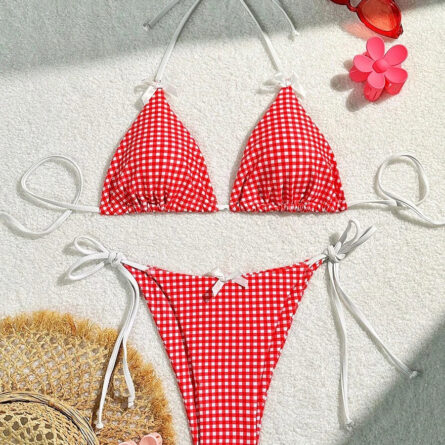 Sunset Charm Plaid Bikini With Bows - Image 2