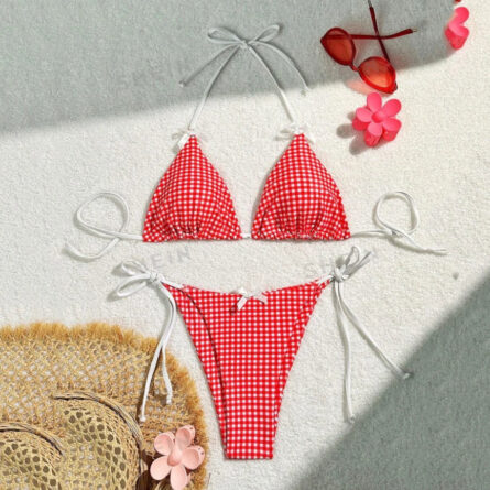 Sweet Sunset Plaid Bows Halter Bikini – Bild 8
