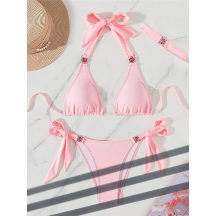 Pink Sunset Diamond Rhinestones Halter Bikini - Image 3