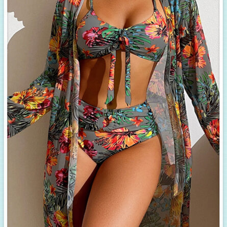 Floral Print Modest Knot Front Bikini including Cover Up Shirt – Bild 17