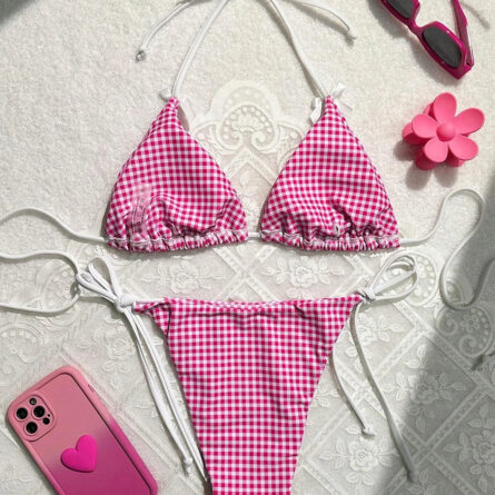 Sunset Charm Plaid Bikini With Bows - Image 11