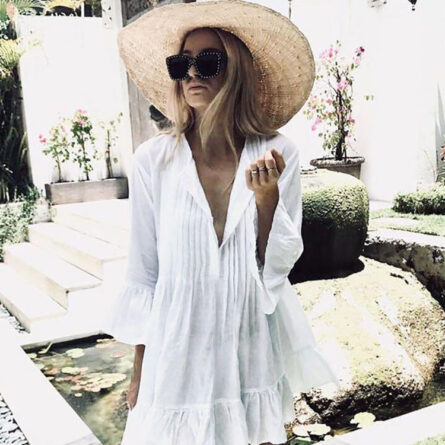 Sunset and Swim Loose Pleated White Beach Cover Up Dress – Bild 7