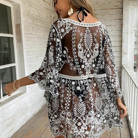 Sunset and Swim Black Lace Crochet Swimsuit Cover Up Dress - Image 5