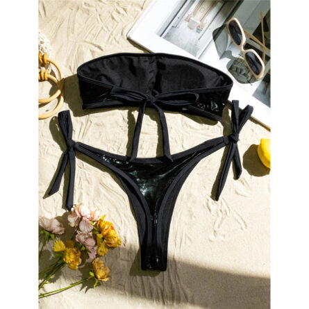 Bandeau PU Faux Leather Thong Bikini - Image 5