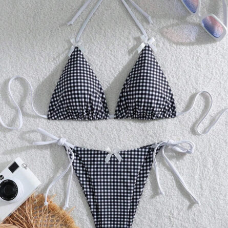 Sunset Charm Plaid Bikini With Bows - Image 28
