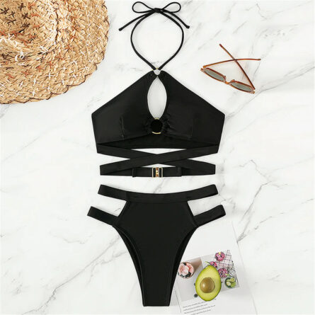 Black Cut Out Wrap Around Halter Strappy Bikini - Image 3