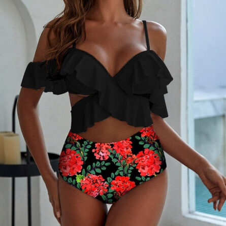 Floral Dreams Sexy White Ruffled High Waist Bikini - Image 4