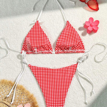 Sunset Charm Plaid Bikini With Bows - Image 3