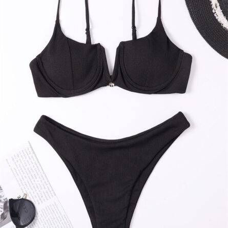 Elle Solid V Neck Ribbed Push Up Bikini – Bild 2