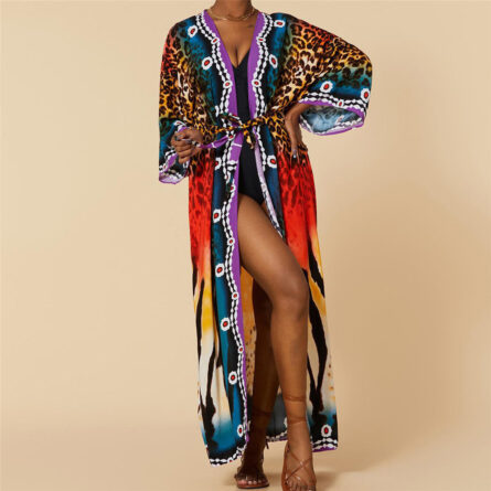 Colorful Leopard Belted Long Beach Cover Up Tunic - Image 3