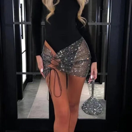 Starlit Sparkling Rhinestone Sequin See Through Mini Skirt - Image 2