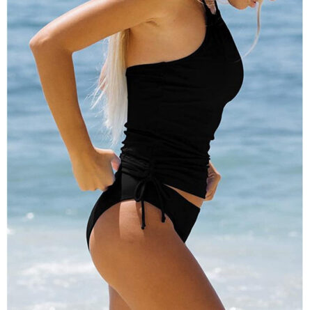 Two Piece Drawstring Ruched Side Halter Neck Tankini Set - Image 16