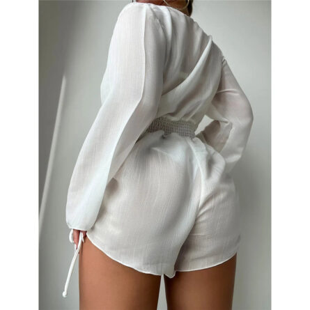 Vacation Time Deep V Neck Long Sleeve Beach Cover Up Romper - Image 4